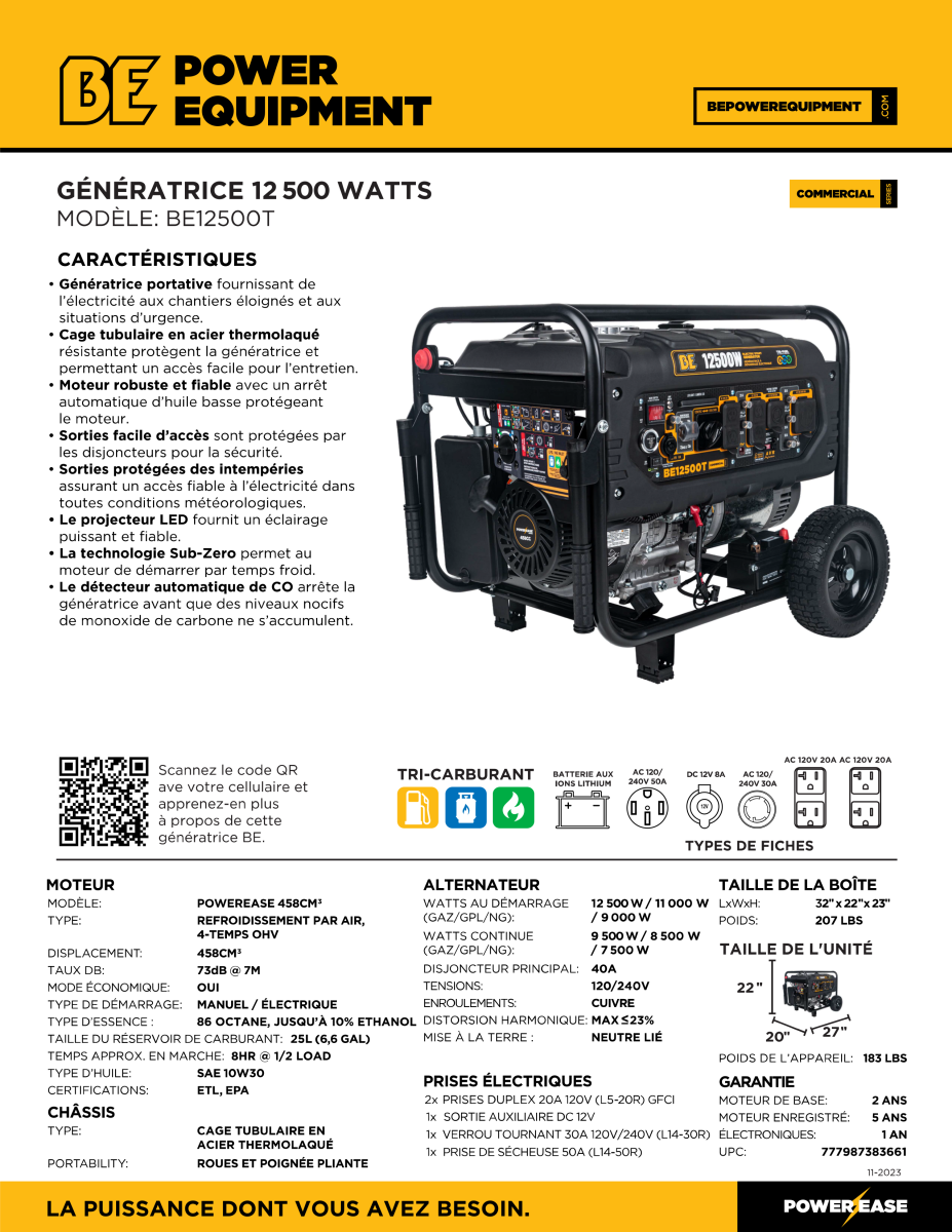 BE POWER EQUIPMENT Génératrice de 12 500 Watts sur roues avec démarreur électrique, tri-fuel (BE12500T) – Image 5